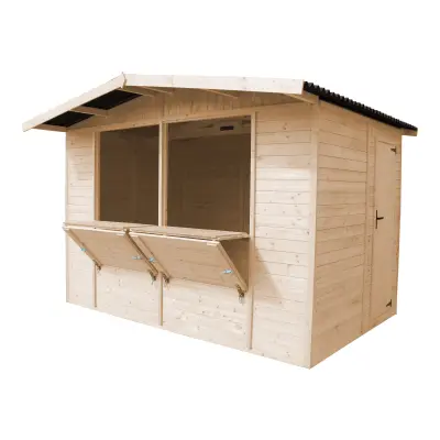 Lesen prodajni kiosk za zunanjo tržnico, prodajna stojnica s pultom, DVE OKNI, 263 x 336 cm - TIMBELA M150