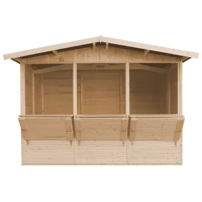 Lesen prodajni kiosk za zunanjo tržnico, prodajna stojnica s pultom, TRI OKNA, 263 x 336 cm - TIMBELA M150A