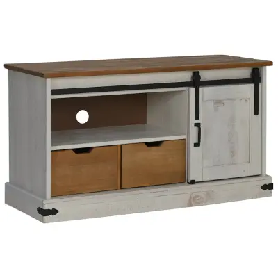 vidaXL TV omarica HALDEN z drsnimi vrati Bela 110x40x60 cm Masivni les