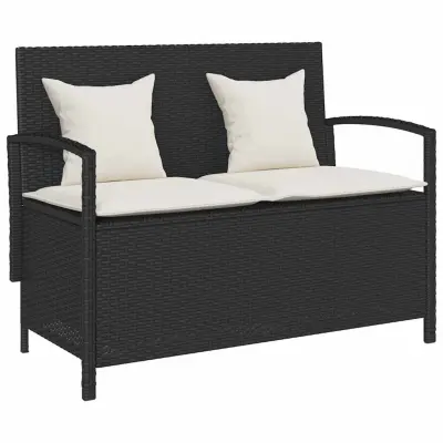 vidaXL Vrtna klop za shranjevanje z blazino Black Poly Rattan