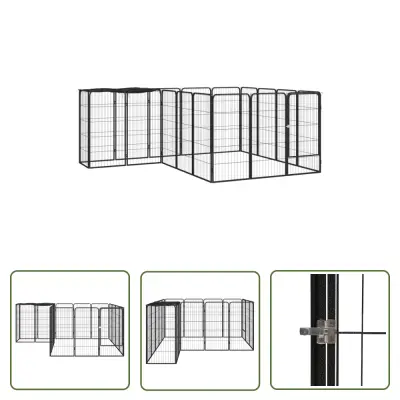 The Living Store Pasja ograda z 18 paneli črna 50x100 cm prašno barvano jeklo - Pasja Ograda