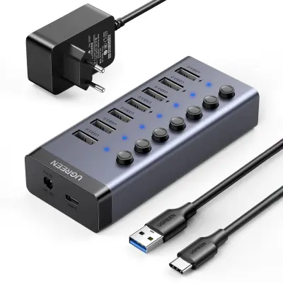 7v1 Multifunkcijski razdelilnik HUB USB-C - 7x USB 3.0 PD DC 12V siv