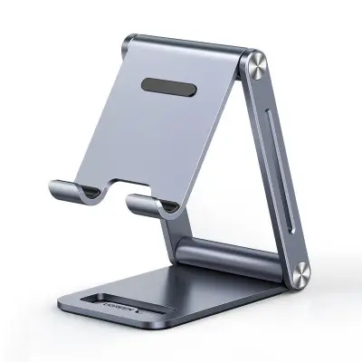 Trdno, kovinsko, aluminijasto, sivo zložljivo stojalo za tablico za telefon