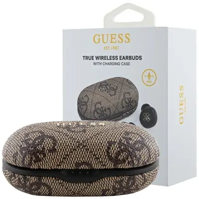 GUESS 4G METAL TWS BLUETOOTH SLUŠALKE Z ENC DOCKING STATION - RJAVE