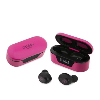 SLUŠALKE GUESS BLUETOOTH TWS ZA TELEFON Z OVITKOM Z MAGENTA PRIKLJUČNO POSTAJO