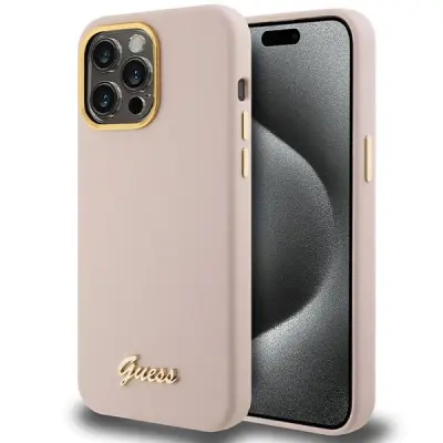 GUESS SILIKONSKI OVITEK S SKRIPTO KOVINSKI LOGO ZA IPHONE 15 PRO MAX ROZA