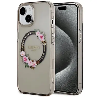OVITEK GUESS IML FLOWERS WREATH ZA MAGSAFE ZA IPHONE 15 14 13 ČRNO