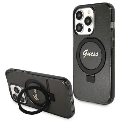 GUESS RING STAND SCRIP GLITTER CASE ZA MAGSAFE ZA IPHONE 14 PRO MAX ČRN