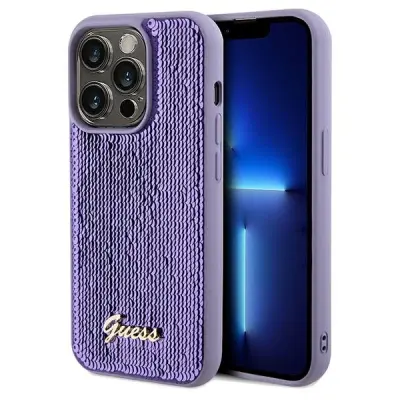 KOVINSKI OVITEK GUESS SEQUIN SCRIP ZA IPHONE 14 PRO MAX VIJOLIČEN OVITEK