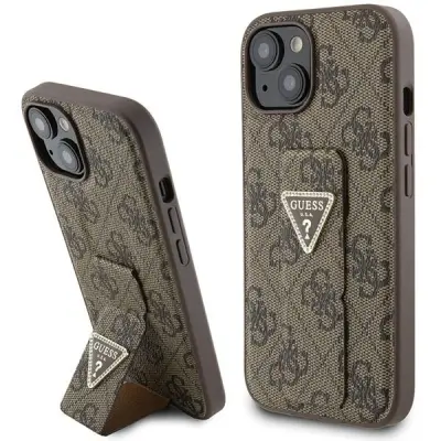 GUESS GRIP STAND OVITEK 4G TRIKOTNIK STRASS ZA IPHONE 15 - OVITEK RJAV