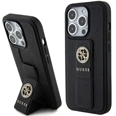 GUESS GRIP STAND 4G SAFFIANO STRASS OVITEK ZA IPHONE 15 PRO MAX ČRN