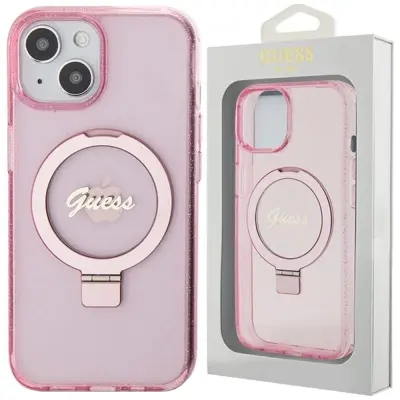 OVITEK GUESS RING STAND SCRIPT GLITTER MAGSAFE ZA IPHONE 15 PLUS / 14 PLUS - ROZA