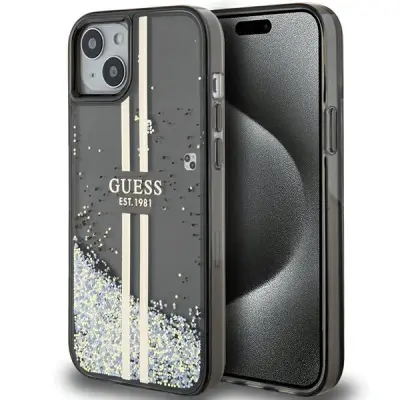 OVITEK GUESS LIQUID GLITTER GOLD STRIPES ZA IPHONE 15 / 14 / 13 - ČRN
