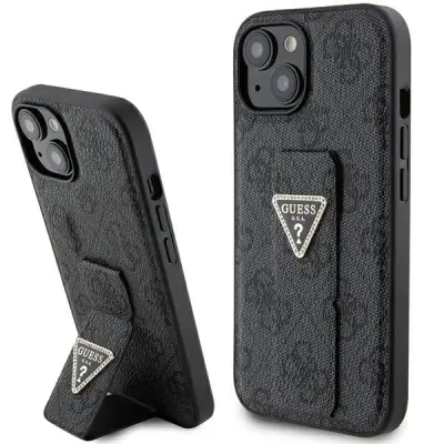 GUESS GRIP STAND 4G TRIKOTNI STRASS OVITEK ZA IPHONE 15 ČRN