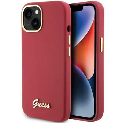 GUESS OVITEK S SILIKONSKIM PISOM KOVINSKI LOGO IN OKVIR ZA IPHONE 15 RDEČ