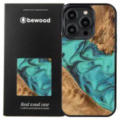 BEWOOD UNIKATNI OVITEK IZ LES IN SMOLE ZA IPHONE 15 PRO OVITEK TURKIZNA IN ČRNA