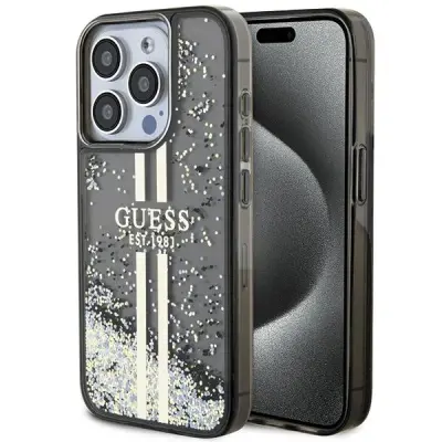 OVITEK GUESS LIQUID GLITTER GOLD STRIPES ZA IPHONE 15 PRO MAX - ČRN