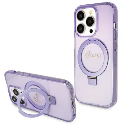 GUESS RING STAND SCRIP GLITTER CASE ZA MAGSAFE ZA IPHONE 15 PRO MAX VIJOLIČEN