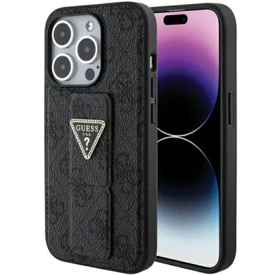 GUESS GRIP STAND 4G TRIKOTNI STRASS OVITEK ZA IPHONE 15 PRO ČRN