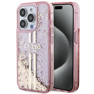 OVITEK GUESS LIQUID GLITTER GOLD STRIPES ZA IPHONE 15 PRO ROZA