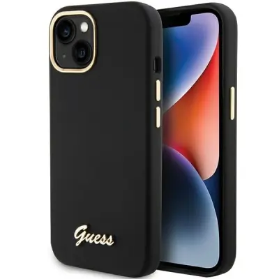 GUESS SILIKONSKI OVITEK S SKRIPTO KOVINSKI LOGO ZA IPHONE 15 ČRN