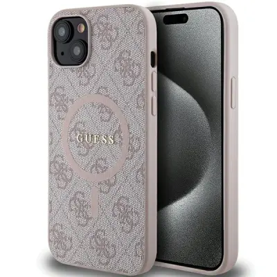 GUESS 4G COLLECTION LEATHER METAL LOGO MAGSAFE CASE ZA IPHONE 15 PLUS / 14 PLUS - ROZA