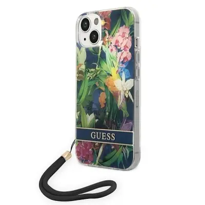 GUESS HARDCASE OVITEK ZA IPHONE 14 6.1 MODRA ETUI S PAŠKOM S ROŽICAMI