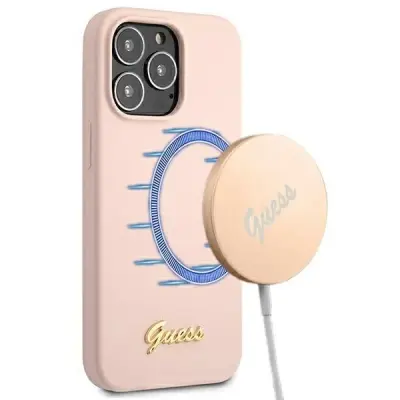GUESS GUHMP13XLSLMGLP IPHONE 13 PRO MAX 6.7 SVETLO ROZA/SVETLO ROZA TRDO OHIŠJE SILICONE SCRIPT GOLD LOGO MAGSAFE