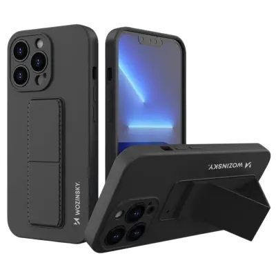 WOZINSKY OVITEK KICKSTAND SILIKONSKI OVITEK S STOJALOM ZA IPHONE 13 PRO ČRN