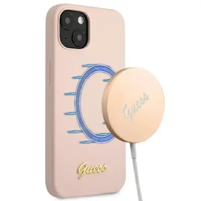 SILIKONSKI OVITEK S SKRIPTO GUESS HARDCASE ZA IPHONE 13 6.1 MAGSAFE SVETLO ROZA