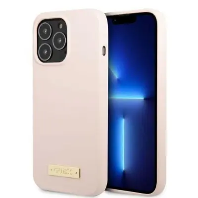 GUESS TRDI OVITEK SILIKONSKI LOGO PLOŠČICA ZA IPHONE 13 PRO MAX MAGSAFE ROZA