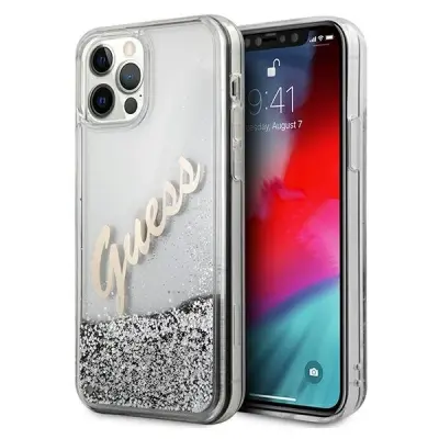 OVITEK GUESS CASE ZA IPHONE 12 PRO MAX 6.7 SREBRN Z BLEŠČICAMI