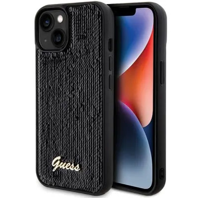 KOVINSKI OVITEK GUESS SEQUIN SCRIP ZA IPHONE 15 ČRN - ZAŠČITNA