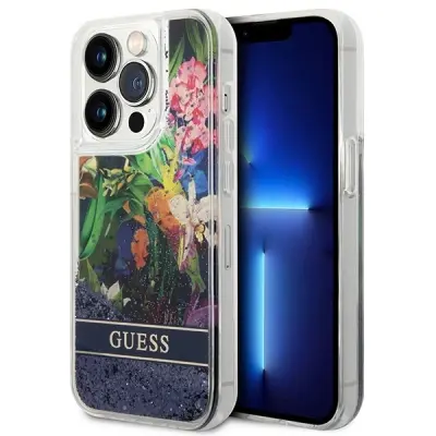 TEKOČI OVITEK Z BLEŠČICAMI GUESS HARDCASE FLOWER ZA IPHONE 14 PRO 6.1 MODER