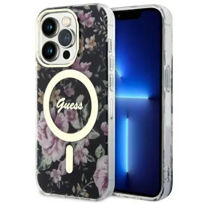 GUESS OVITEK GUHMP14LHCFWSK ZA IPHONE 14 PRO ČRNI OVITEK Z ROŽICAMI ZA MAGSAFE