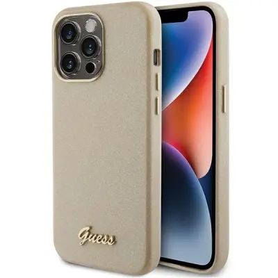 GUESS OVITEK Z BLEŠČICAMI S SKRIPTO ZA IPHONE 15 PRO ZLAT OVITEK