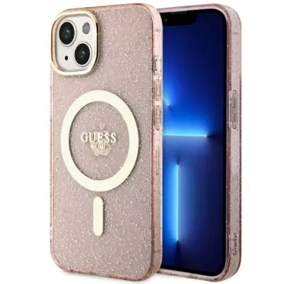 OVITEK GUESS ZA IPHONE 14 PLUS 6.7 ROZA BLEŠČIČNO ZLAT MAGSAFE