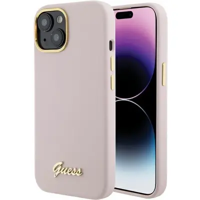 GUESS SILIKONSKI OVITEK S SPISO KOVINSKI LOGO & OKVIR ZA IPHONE 15 ROZA