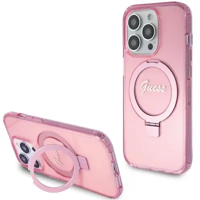 GUESS RING STAND SCRIP GLITTER CASE ZA MAGSAFE ZA IPHONE 15 PRO ROZA
