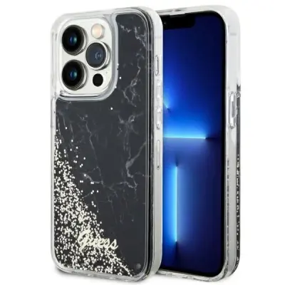 GUESS OVITEK LIQUID GLITER MARMLE CASE ZA IPHONE 14 PRO ČRN