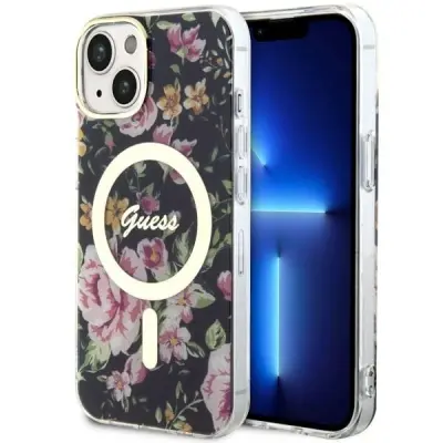GUESS OVITEK GUHMP14SHCFWSK ZA IPHONE 14 ČRNI OVITEK Z ROŽICAMI ZA MAGSAFE