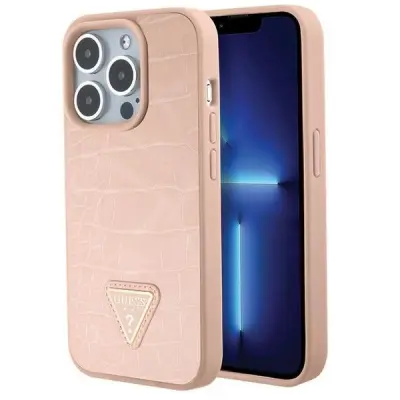 GUESS OVITEK KOVINSKI LOGO KROKO TRIKOTNIK ZA IPHONE 15 PRO ROZA
