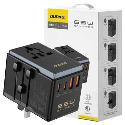 DUDAO A65PRO TRAVEL ADAPTER 65W EU/US/JP/AUS/UK 2X USB-C 2X USB-A ČRN