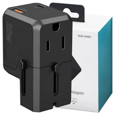 CHOETECH POTOVALNI POLNILEC USB-C USB-A PD 20W ZA ZDA EU UK AU ČRN