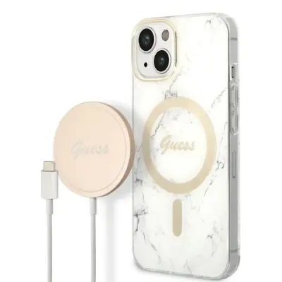 GUESS SET MAGSAFE POLNILEC + OVITEK ZA IPHONE 14 6.1 BELI MARMOR