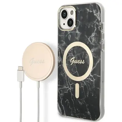 GUESS SET MAGSAFE POLNILEC + OVITEK ZA IPHONE 14 6.1 ČRNI MARMOR