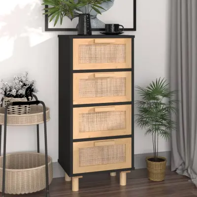 The Living Store Komoda črna 40x30x90 cm trdna borovina in naravni ratan - Komoda