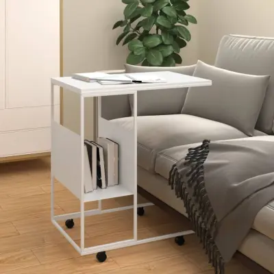 The Living Store Stranska mizica s kolesi bela 55x36x63,5 cm inženirski les - Stranska Mizica