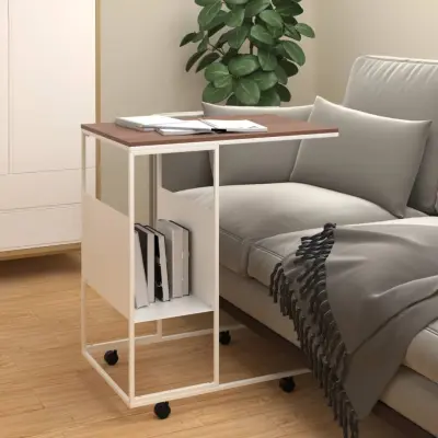 The Living Store Stranska mizica s kolesi bela 55x36x63,5 cm inženirski les - Stranska Mizica