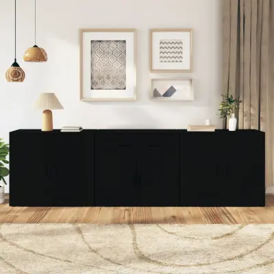 The Living Store Komoda 3 kosi črn inženirski les - Komoda